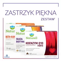 Zestaw ZASTRZYK PIĘKNA - NATURELL Beta-karoten + E - tabletki, 60 sztuk + NATURELL Silica Biotyna Max - tabletki, 60 sztuk + Naturell - Koenzym Q10 Forte, 60 kapsułek